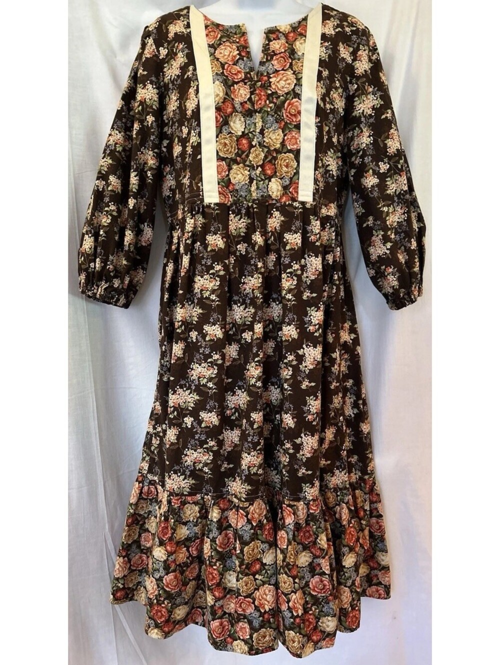 VTG Handmade Prairie Cottage Gunne Puff Sleeve Floral Calico Ruffle Dress SZ M/L